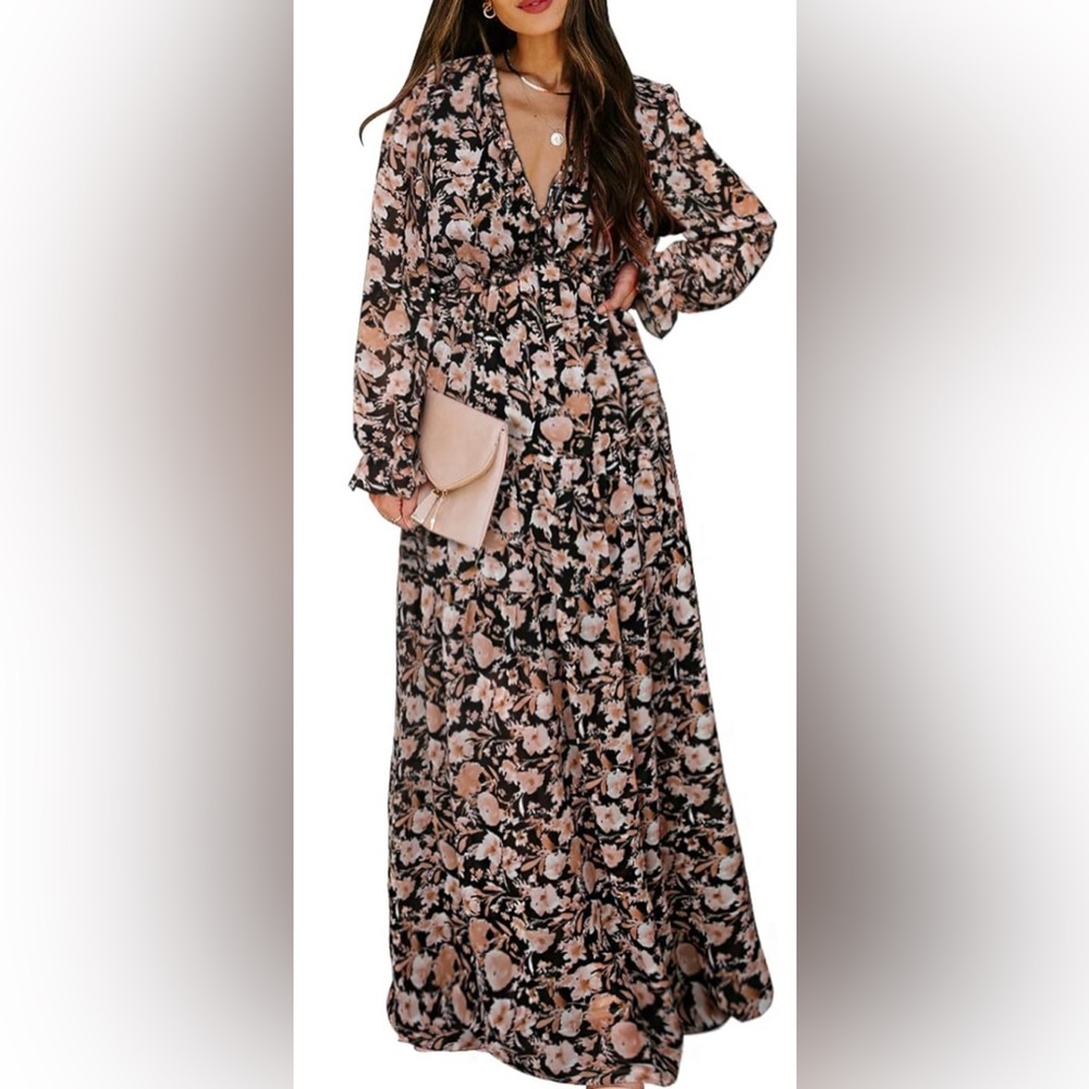 Maxi Length Long Sleeve Black and Blash Floral Dress. Size Medium